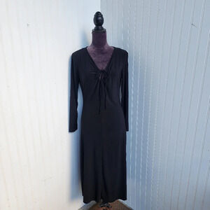 Emma & Michele Dress Black Midi Stretch Jersey Lightweight Keyhole Tie Long Sz M
